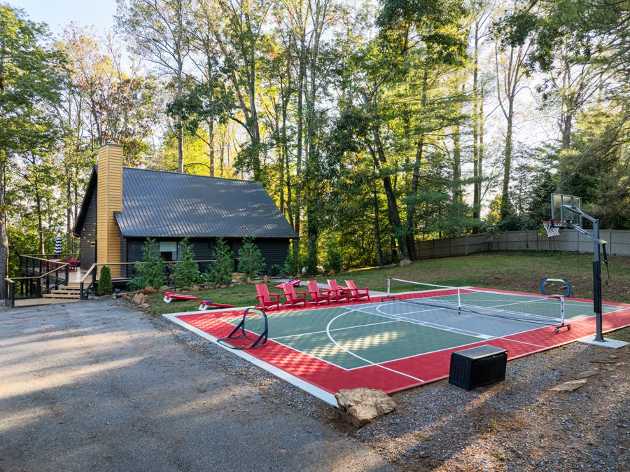 Pickleball and basketball court next to the A-Frame